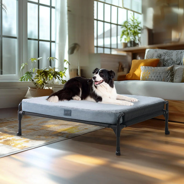 Veehoo Elevated Raised Dog Bed+Removable Dog Bed Mat-Cooling Outdoor Dog Cot Bed for Large Sized Dogs Three-Sided Guardrail Raised Pet Cot Dog Hammock Bed Elevated Dog Ded with Bolster-35 x 22" Black