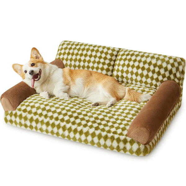 BFPETHOME Dog Couch Bed & Cat Couch Bed Pet Couch Bed for Medium Pet Cute Dog Sofa Bed Cat Sofa & Pet Sofa with Non-Slip Bottom Checkered Dog Bed with Washable Cover (Green&White)